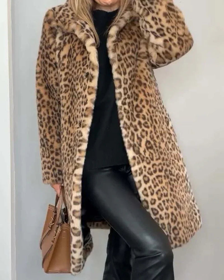 Manteau Long en Fausse Fourrure Léopard | Coupe Ouverte Chic – Camel #couleur_camel