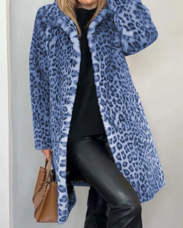 Manteau Long en Fausse Fourrure Léopard | Coupe Ouverte Chic – Bleu #couleur_bleu