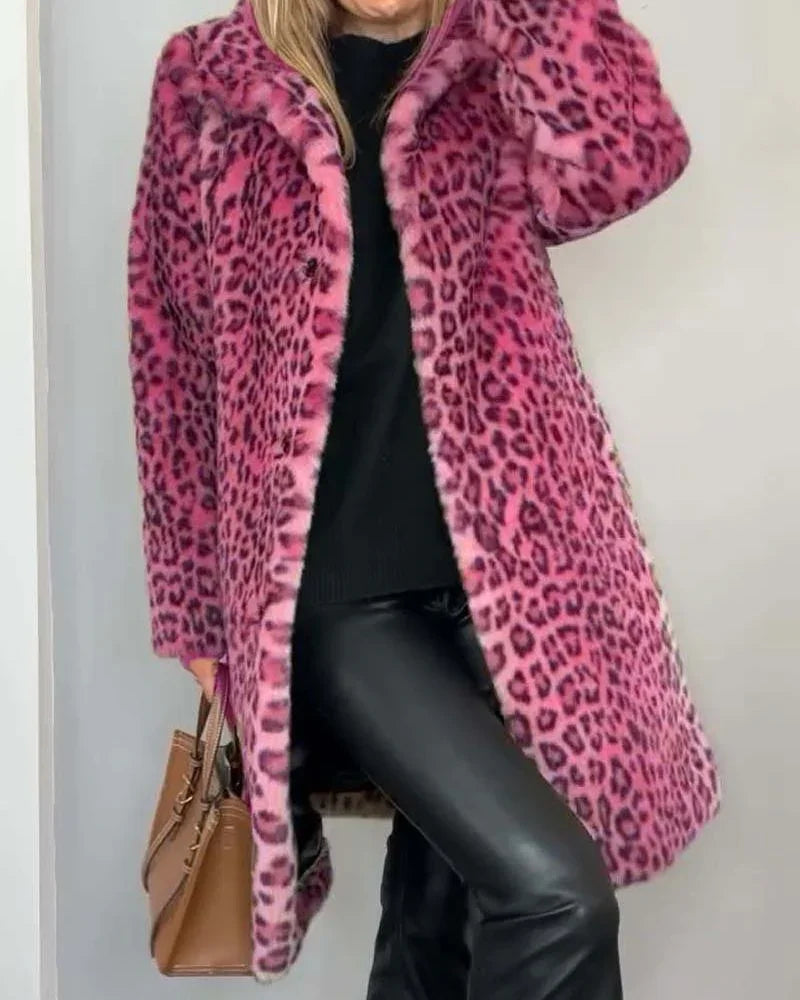 Manteau Long en Fausse Fourrure Léopard | Coupe Ouverte Chic – Rose #couleur_rose