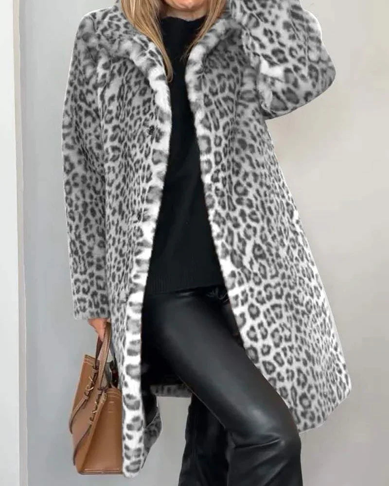 Manteau Long en Fausse Fourrure Léopard | Coupe Ouverte Chic – Gris #couleur_gris