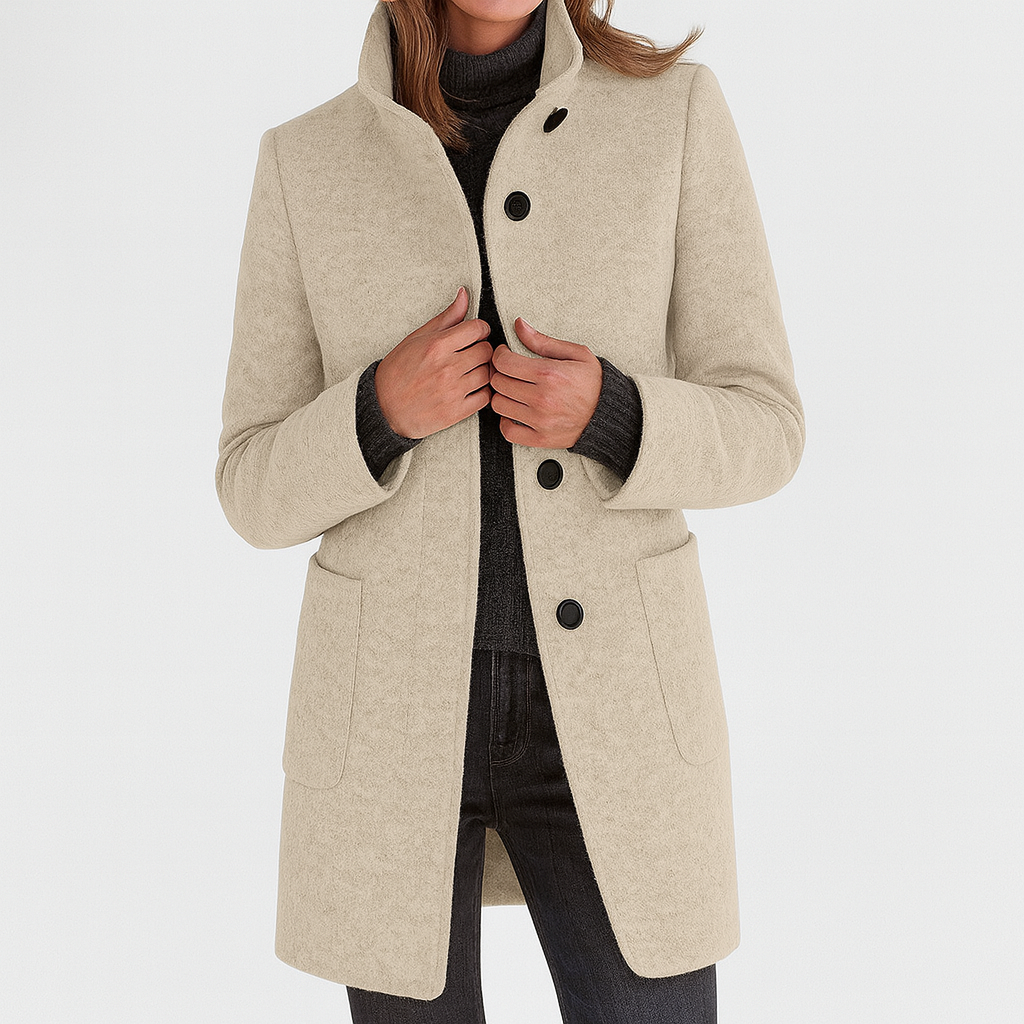 Manteau Court à Poignets Côtelés | Col Montant Confortable – Beige #couleur_beige