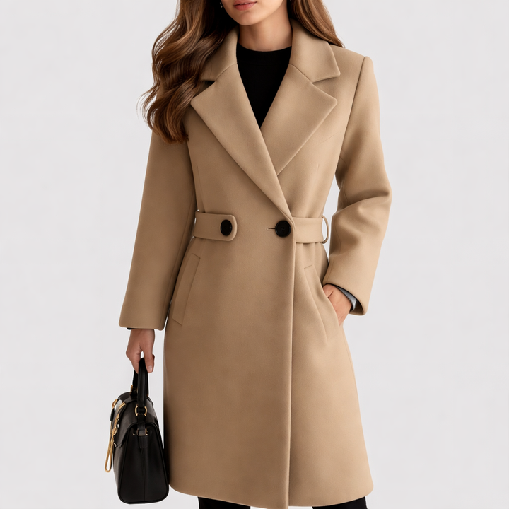 Manteau Mi-Long à Revers Crantés | Taille Ceinturée Élégant – Beige #couleur_beige