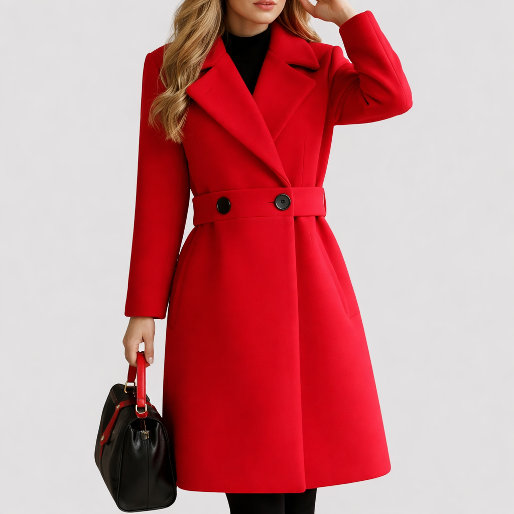 Manteau Mi-Long à Revers Crantés | Taille Ceinturée Élégant – Rouge #couleur_rouge