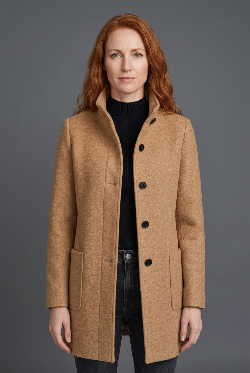 Manteau Structuré à Col Montant | Poches Plaquées Épuré – Camel #couleur_camel