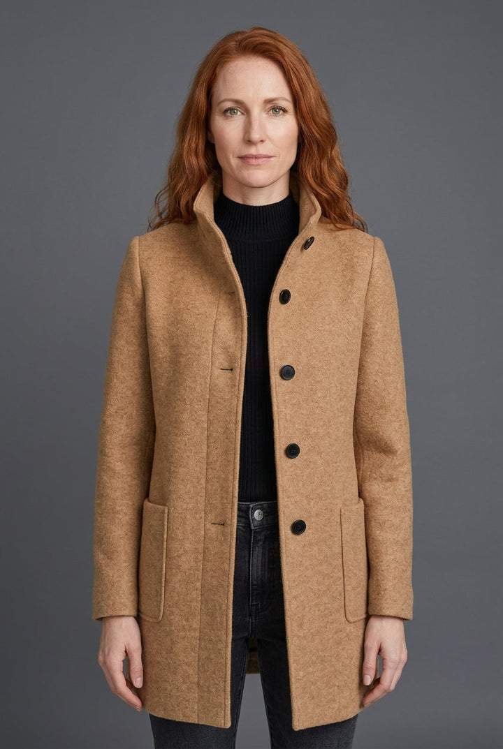 Manteau Structuré à Col Montant | Poches Plaquées Épuré – Camel #couleur_camel