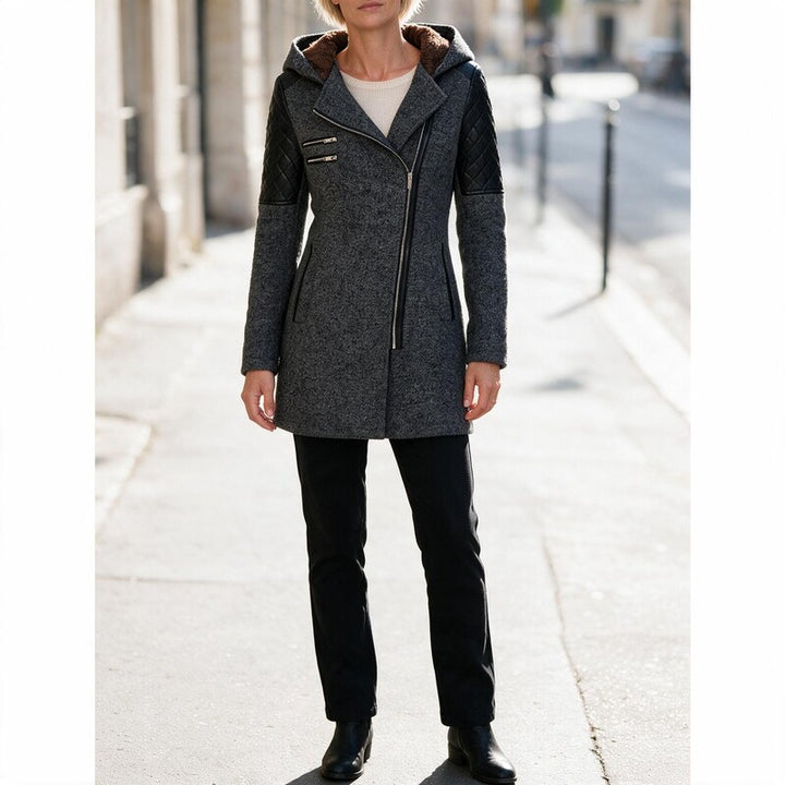 Manteau à Capuche Fermeture Asymétrique | Épaules Matelassées Moderne #couleur_gris-fonc