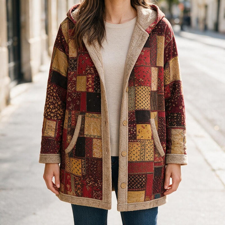 Manteau à Capuche Imprimé Patchwork | Fermeture Zippée Moderne #couleur_rouge