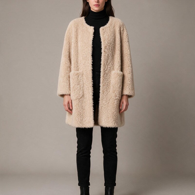 Manteau en Peluche Douce | Col Montant Cocooning #couleur_beige