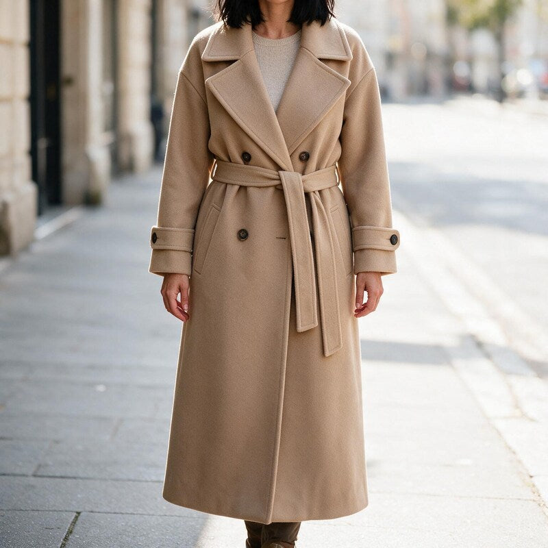 Manteau Long Ceinturé | Coupe Croisée Sophistiquée #couleur_beige
