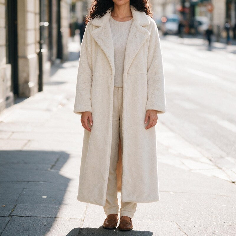 Manteau Long Duveteux à Revers | Coupe Ouverte Cocooning #couleur_cru