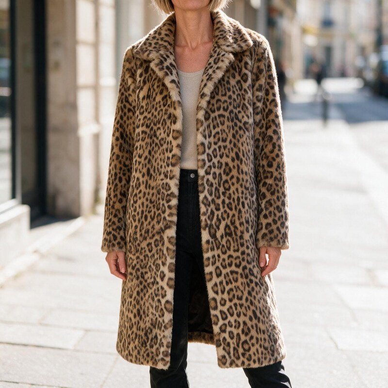 Manteau Long en Fausse Fourrure Léopard | Coupe Ouverte Chic #couleur_camel