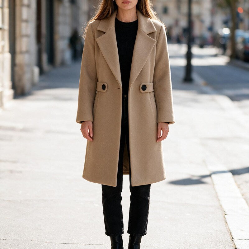 Manteau Long à Revers Crantés | Coupe Ajustée Élégante #couleur_beige