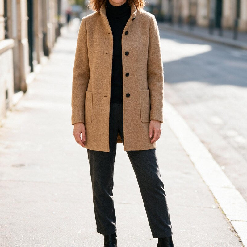 Manteau Structuré à Col Montant | Poches Plaquées Épuré #couleur_camel