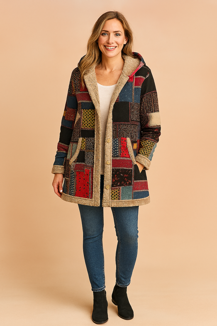 Manteau à Capuche Imprimé Patchwork | Fermeture Zippée Moderne – Rouge #couleur_rouge