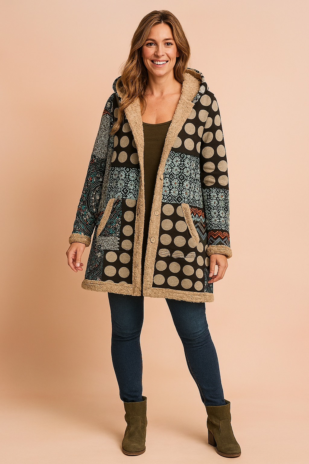 Manteau à Capuche Imprimé Patchwork | Fermeture Zippée Moderne – Bleu #couleur_bleu