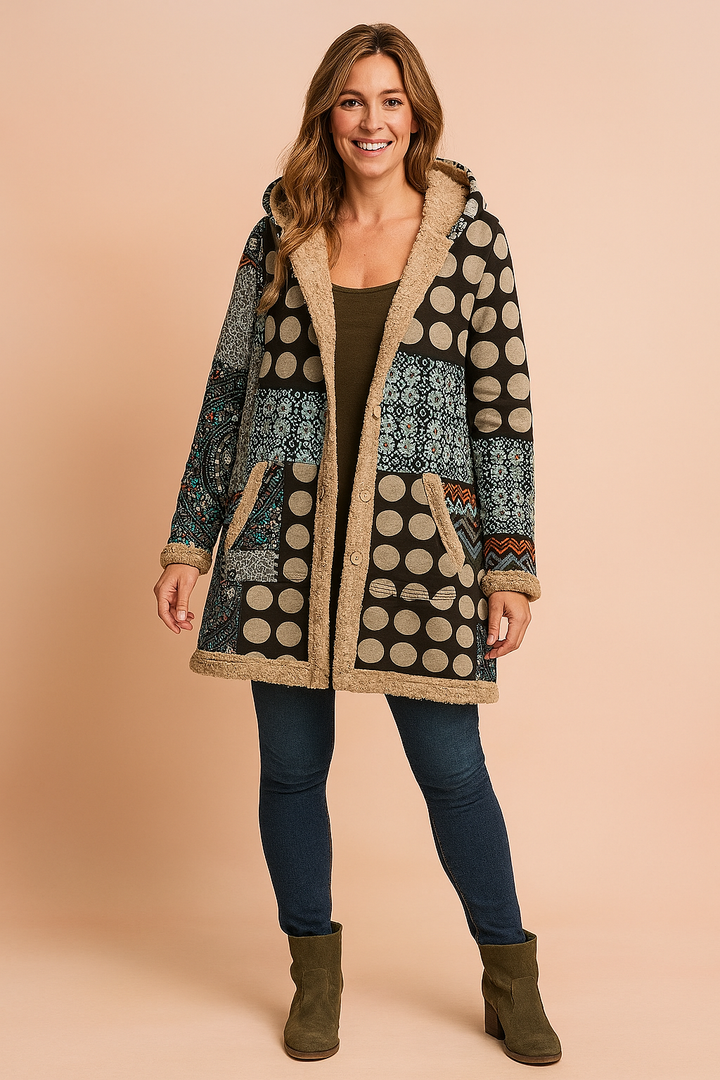 Manteau à Capuche Imprimé Patchwork | Fermeture Zippée Moderne – Bleu #couleur_bleu