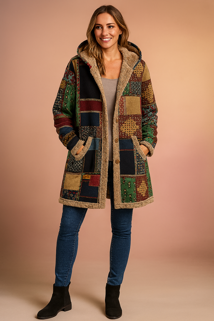 Manteau à Capuche Imprimé Patchwork | Fermeture Zippée Moderne – Vert #couleur_vert