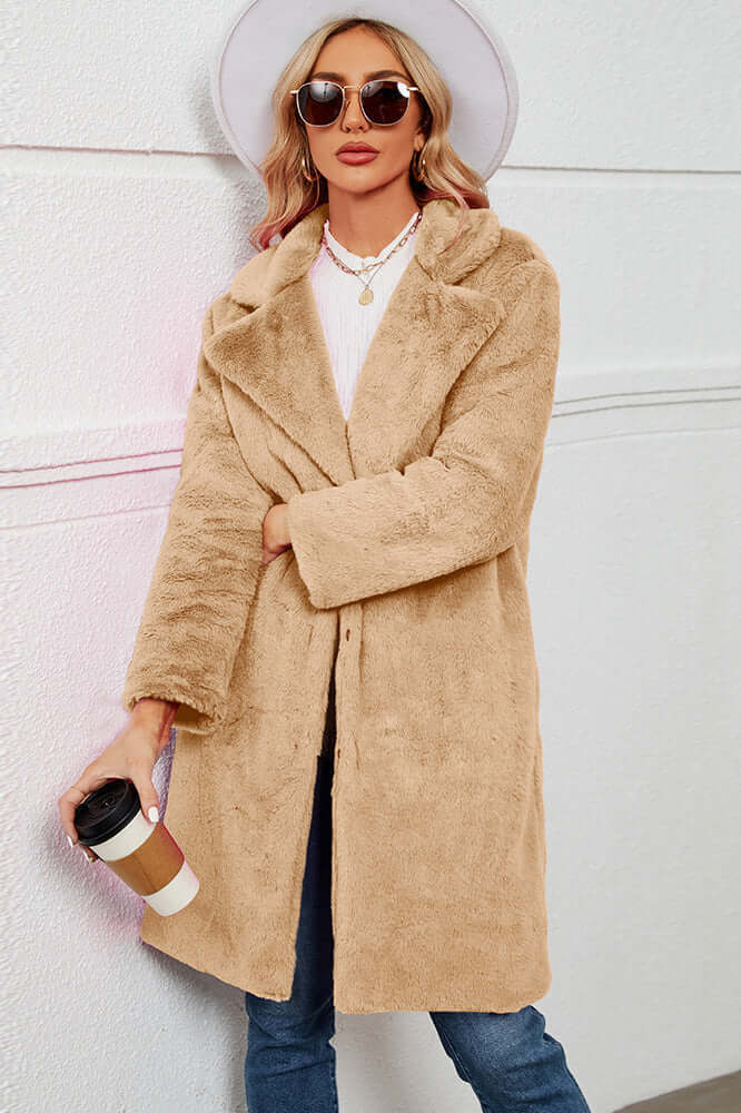 Manteau Long Duveteux à Revers | Coupe Ouverte Cocooning – Camel #couleur_camel