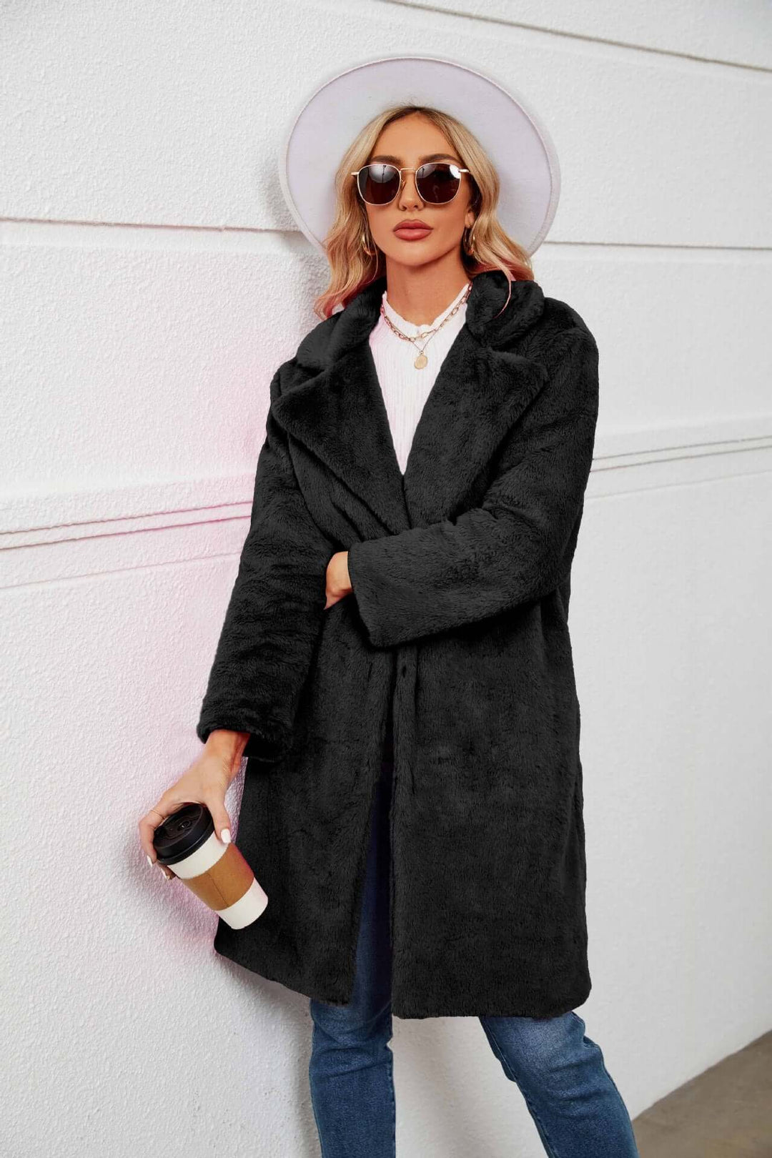 Manteau Long Duveteux à Revers | Coupe Ouverte Cocooning – Noir #couleur_noir