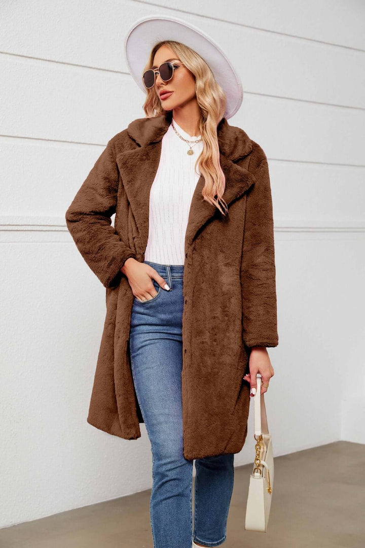 Manteau Long Duveteux à Revers | Coupe Ouverte Cocooning – Marron #couleur_marron