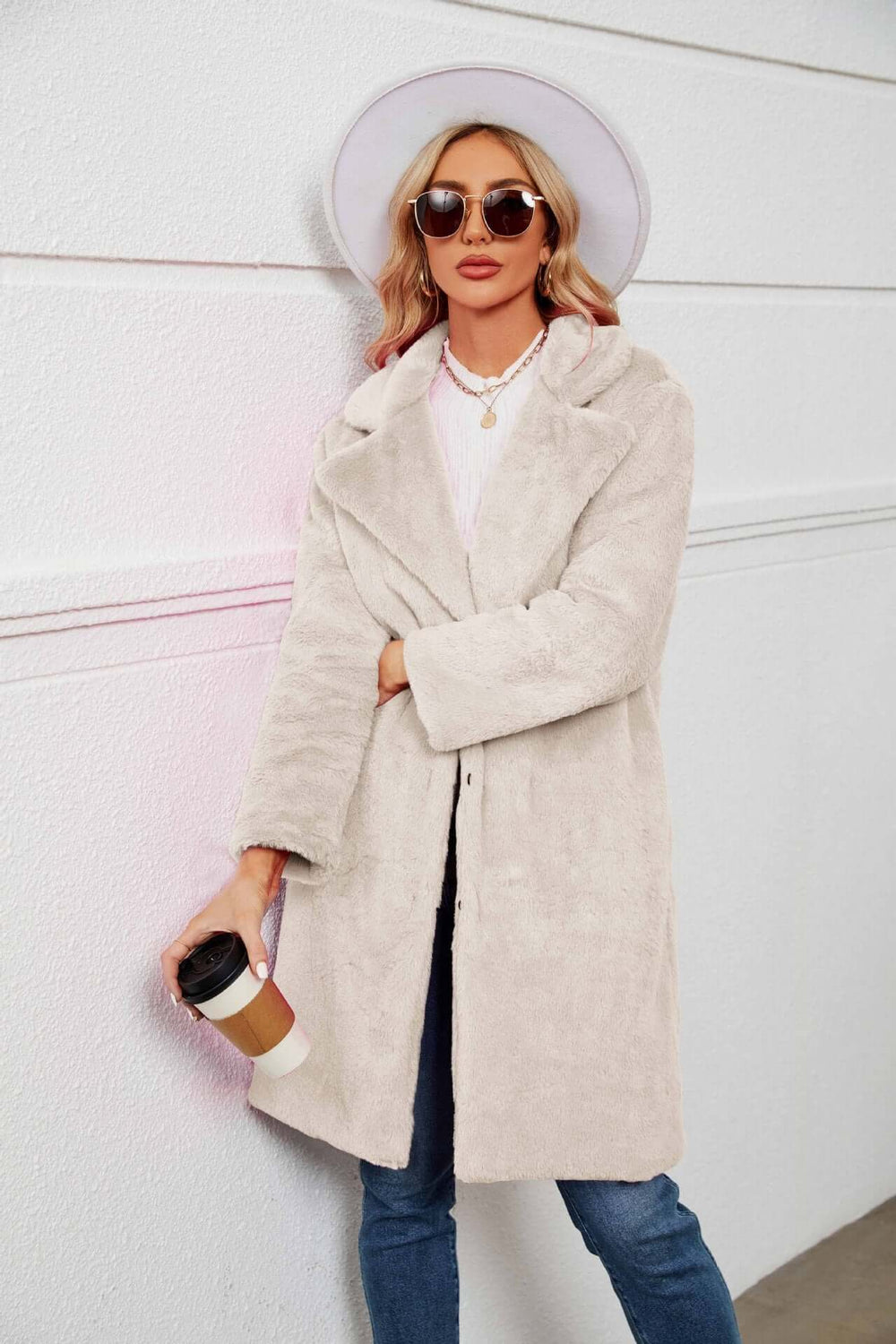 Manteau Long Duveteux à Revers | Coupe Ouverte Cocooning – Écru #couleur_cru