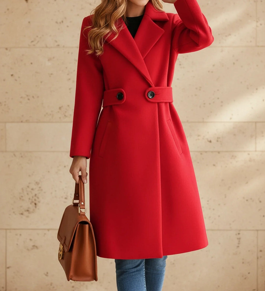 Manteau Long Ceinturé | Coupe Croisée Sophistiquée – Rouge #couleur_rouge