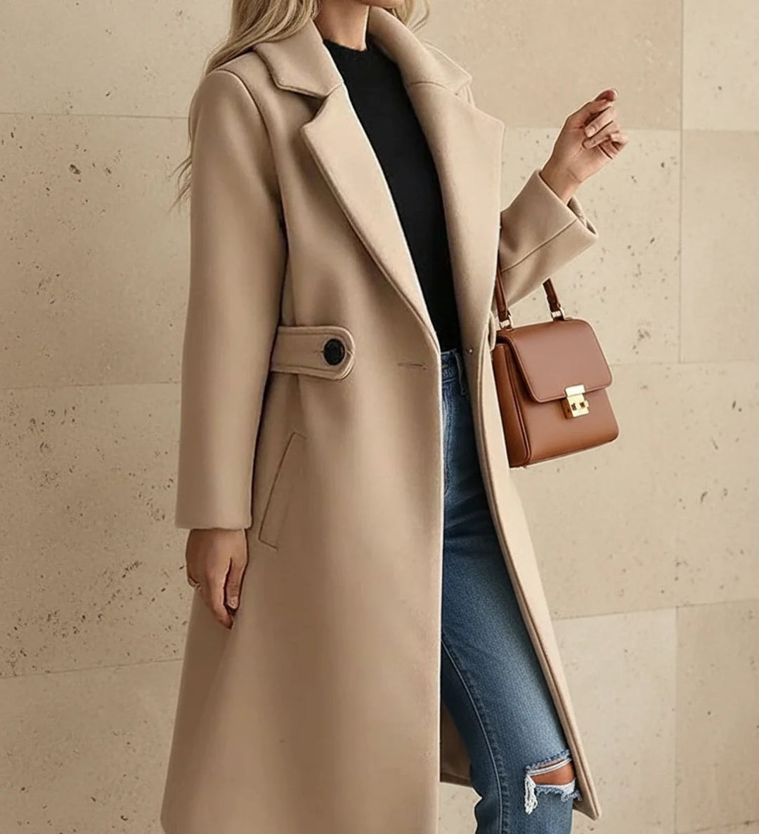 Manteau Long Ceinturé | Coupe Croisée Sophistiquée – Beige #couleur_beige